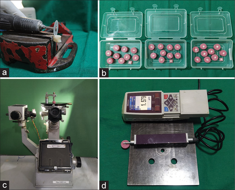 (a) De-coronation of teeth; (b) prepared samples embedded in resin; (c) microhardness tester; and (d) stylus profilometer.